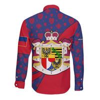 Liechtenstein Long Sleeve Button Shirt with Red Blue Heart Design and Royal Coat of Arms Pattern - Wonder Print Shop