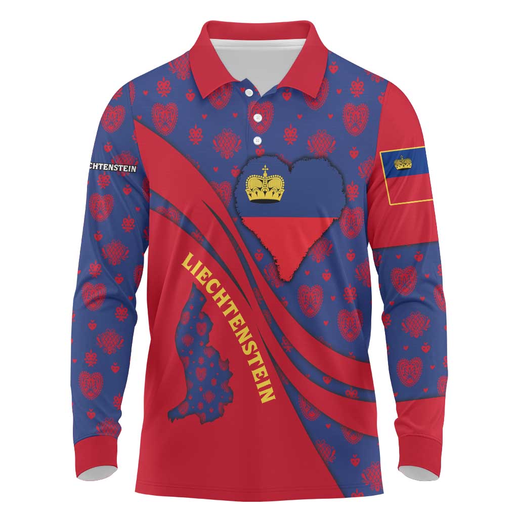 Liechtenstein Long Sleeve Polo Shirt with Red Blue Heart Design and Royal Coat of Arms Pattern - Wonder Print Shop