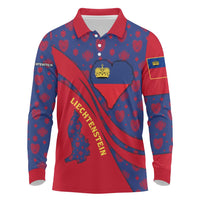 Liechtenstein Long Sleeve Polo Shirt with Red Blue Heart Design and Royal Coat of Arms Pattern - Wonder Print Shop