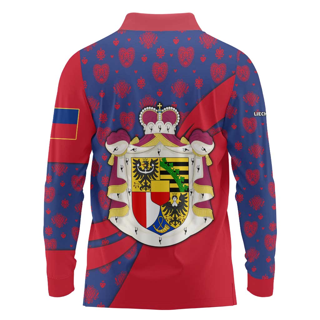 Liechtenstein Long Sleeve Polo Shirt with Red Blue Heart Design and Royal Coat of Arms Pattern - Wonder Print Shop