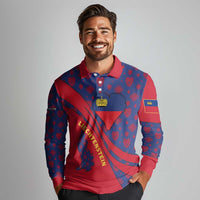 Liechtenstein Long Sleeve Polo Shirt with Red Blue Heart Design and Royal Coat of Arms Pattern - Wonder Print Shop