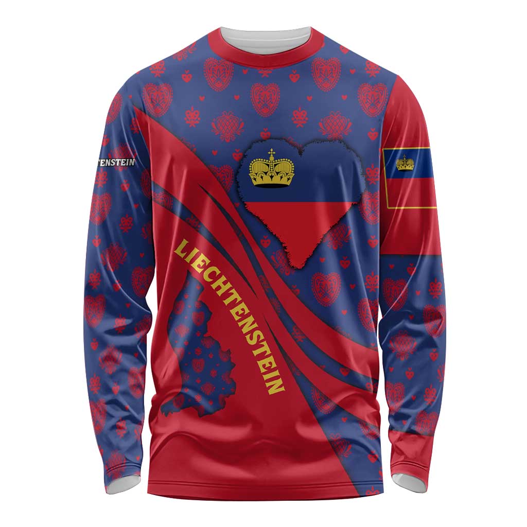 Liechtenstein Long Sleeve Shirt with Red Blue Heart Design and Royal Coat of Arms Pattern - Wonder Print Shop