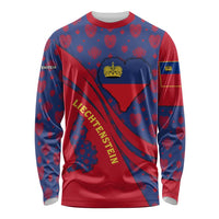 Liechtenstein Long Sleeve Shirt with Red Blue Heart Design and Royal Coat of Arms Pattern - Wonder Print Shop