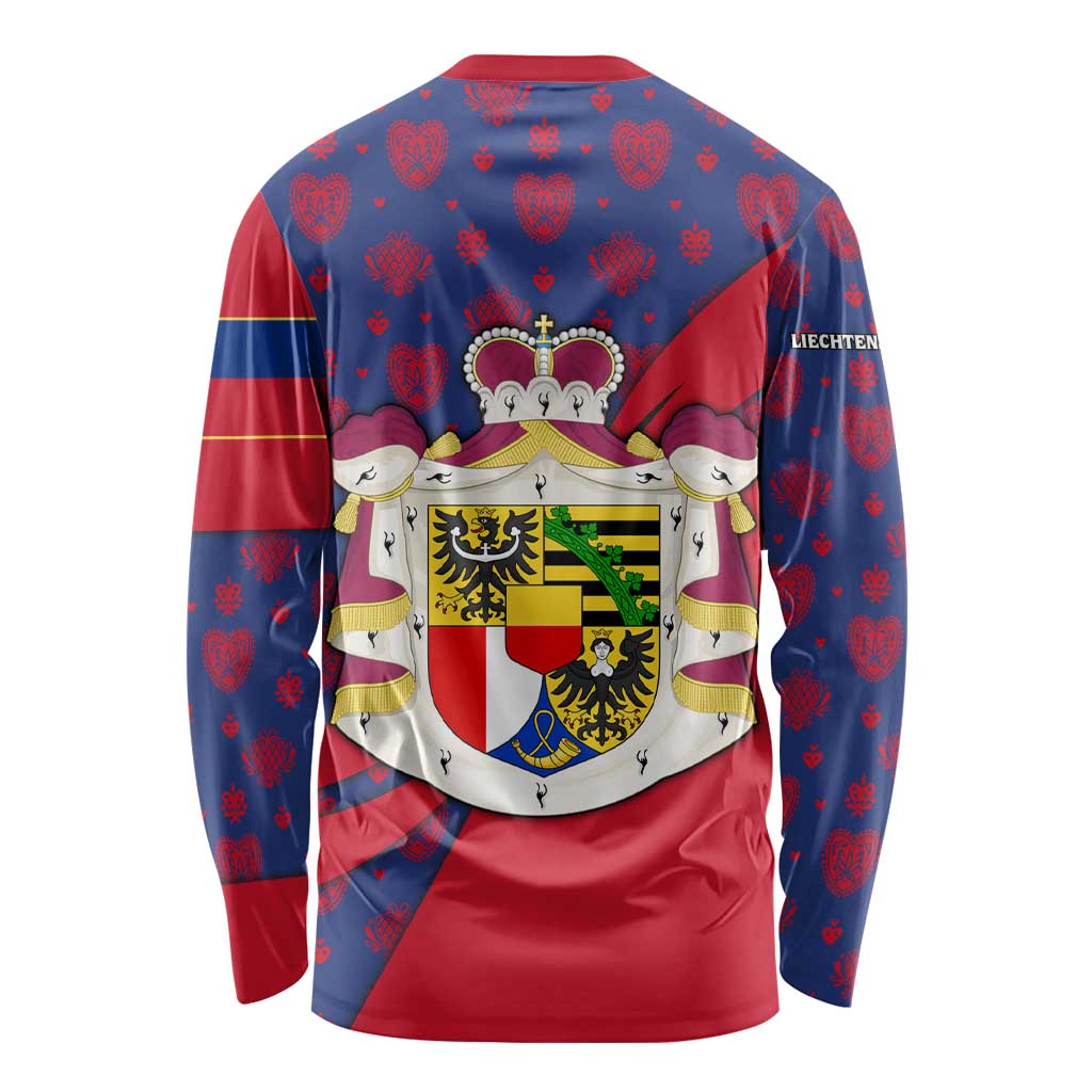 Liechtenstein Long Sleeve Shirt with Red Blue Heart Design and Royal Coat of Arms Pattern - Wonder Print Shop