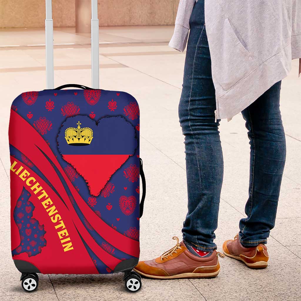 Liechtenstein Luggage Cover with Red Blue Heart Design and Royal Coat of Arms Pattern - Wonder Print Shop