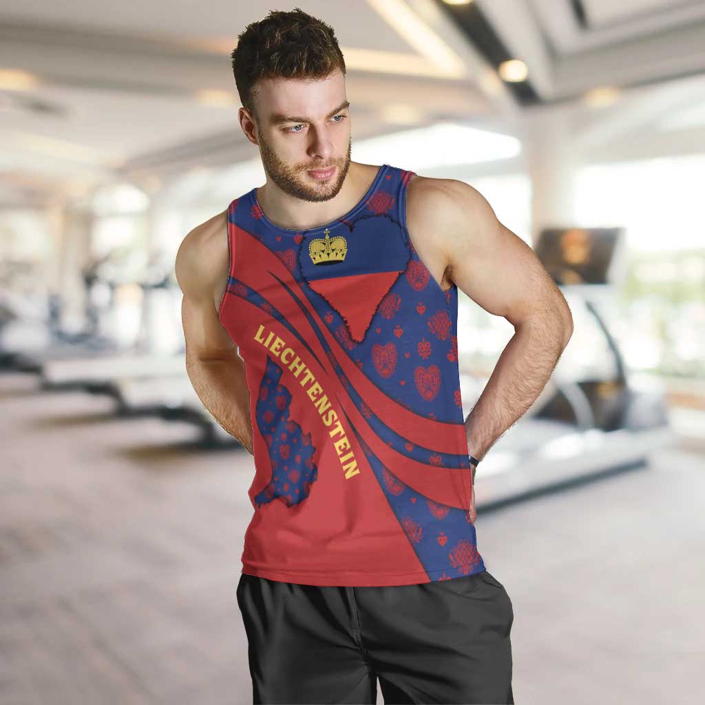 Liechtenstein Men Tank Top with Red Blue Heart Design and Royal Coat of Arms Pattern - Wonder Print Shop