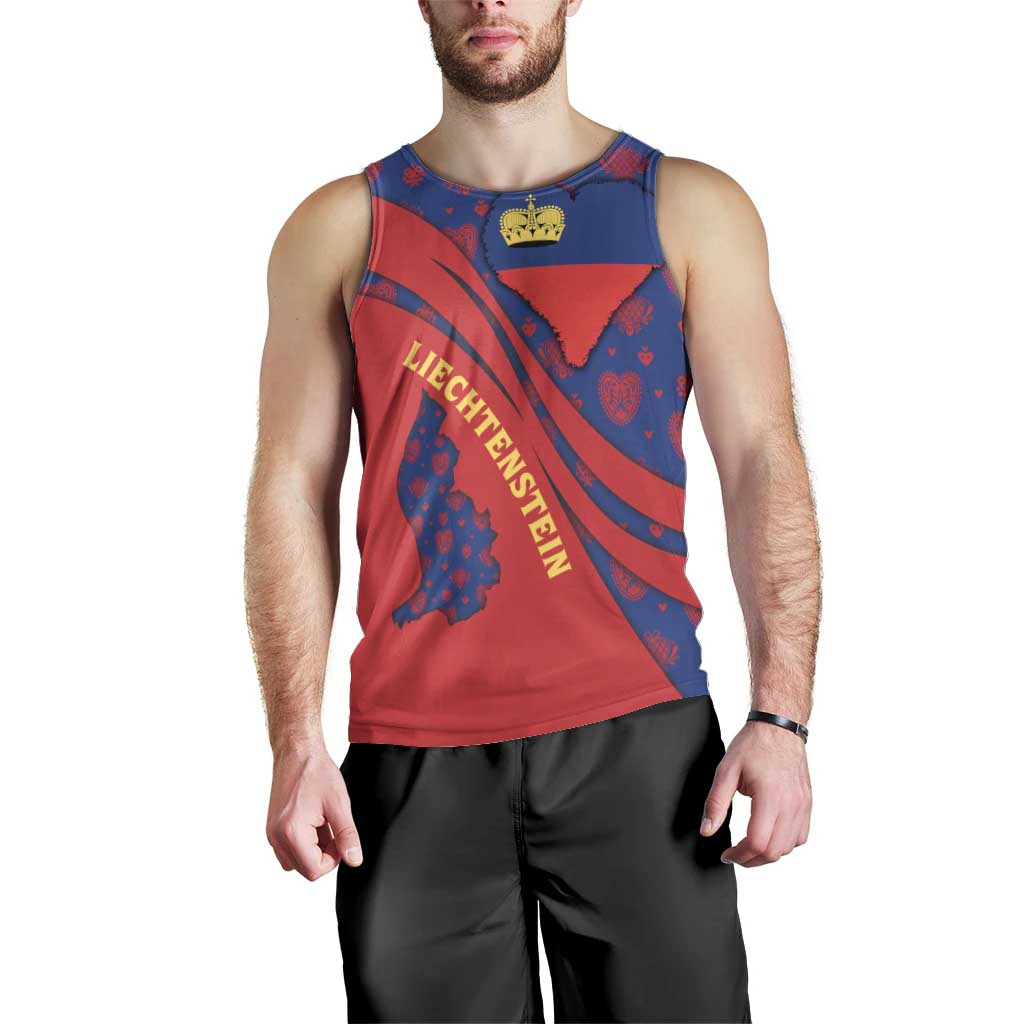 Liechtenstein Men Tank Top with Red Blue Heart Design and Royal Coat of Arms Pattern - Wonder Print Shop