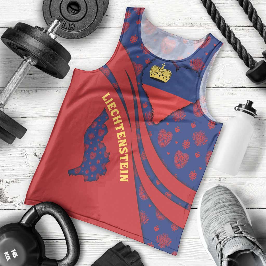 Liechtenstein Men Tank Top with Red Blue Heart Design and Royal Coat of Arms Pattern - Wonder Print Shop