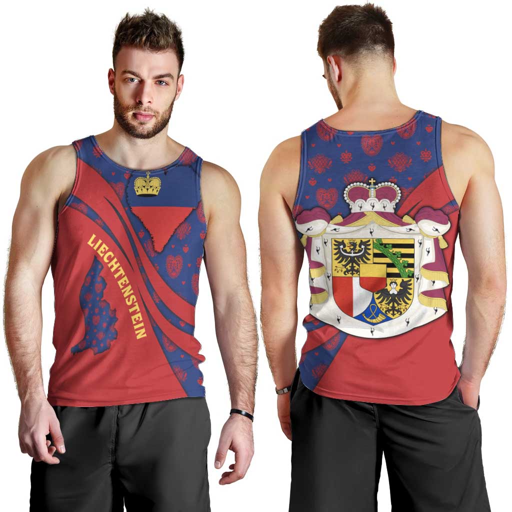 Liechtenstein Men Tank Top with Red Blue Heart Design and Royal Coat of Arms Pattern - Wonder Print Shop