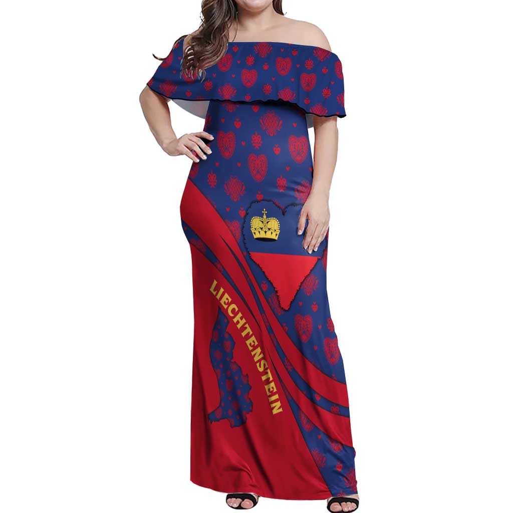 Liechtenstein Off Shoulder Maxi Dress with Red Blue Heart Design and Royal Coat of Arms Pattern - Wonder Print Shop