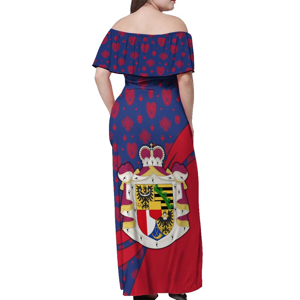 Liechtenstein Off Shoulder Maxi Dress with Red Blue Heart Design and Royal Coat of Arms Pattern - Wonder Print Shop