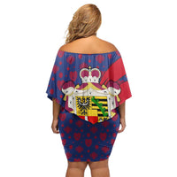 Liechtenstein Off Shoulder Short Dress with Red Blue Heart Design and Royal Coat of Arms Pattern - Wonder Print Shop