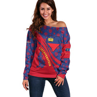 Liechtenstein Off Shoulder Sweater with Red Blue Heart Design and Royal Coat of Arms Pattern - Wonder Print Shop