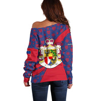 Liechtenstein Off Shoulder Sweater with Red Blue Heart Design and Royal Coat of Arms Pattern - Wonder Print Shop