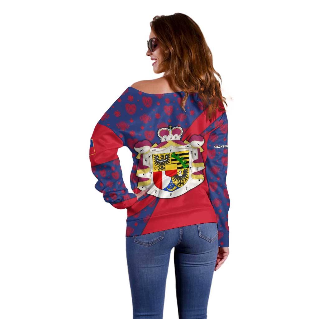 Liechtenstein Off Shoulder Sweater with Red Blue Heart Design and Royal Coat of Arms Pattern - Wonder Print Shop