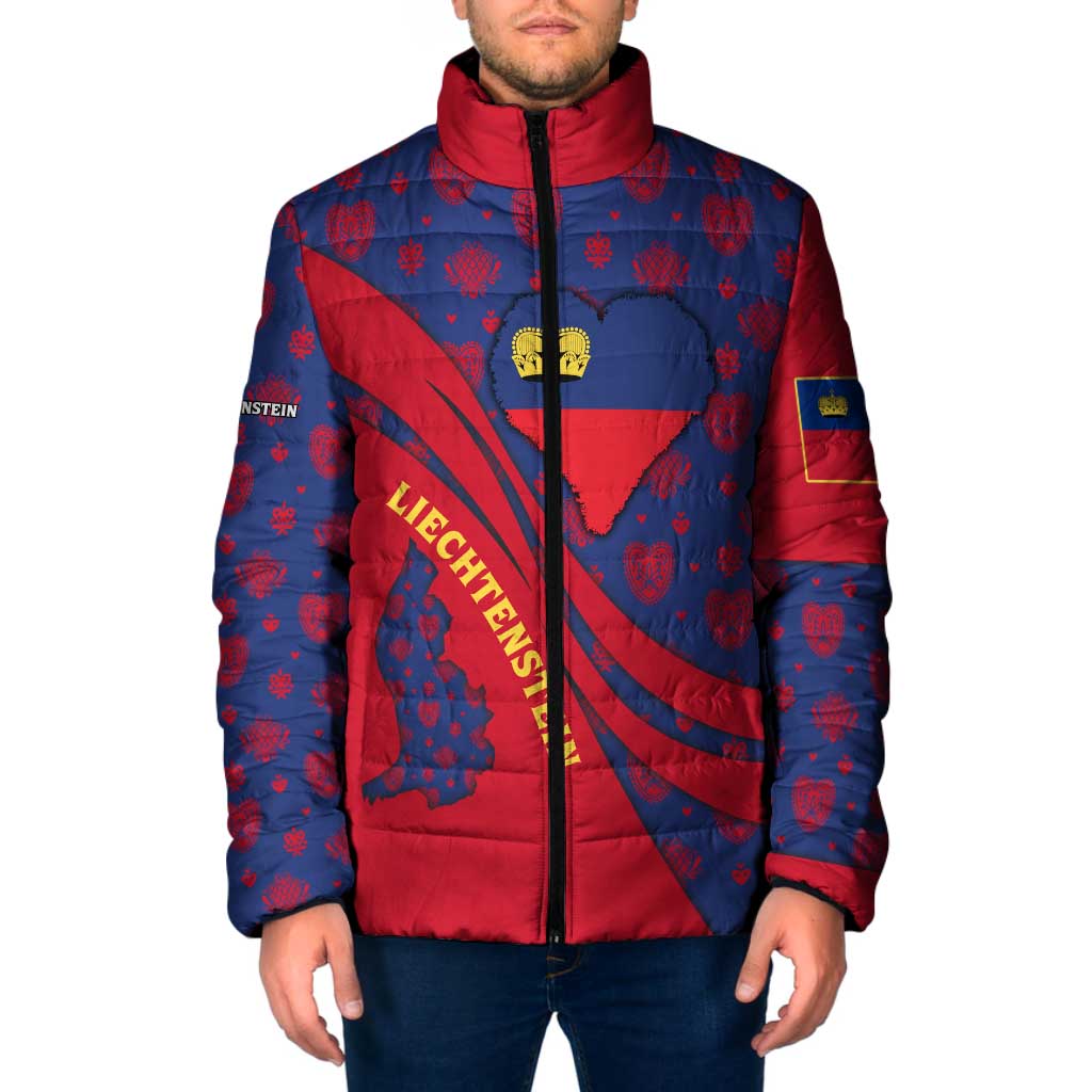 Liechtenstein Padded Jacket with Red Blue Heart Design and Royal Coat of Arms Pattern - Wonder Print Shop