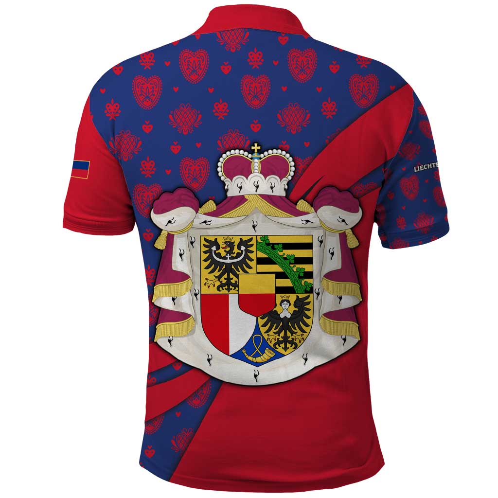 Liechtenstein Polo Shirt with Red Blue Heart Design and Royal Coat of Arms Pattern - Wonder Print Shop