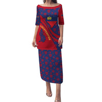 Liechtenstein Puletasi with Red Blue Heart Design and Royal Coat of Arms Pattern - Wonder Print Shop