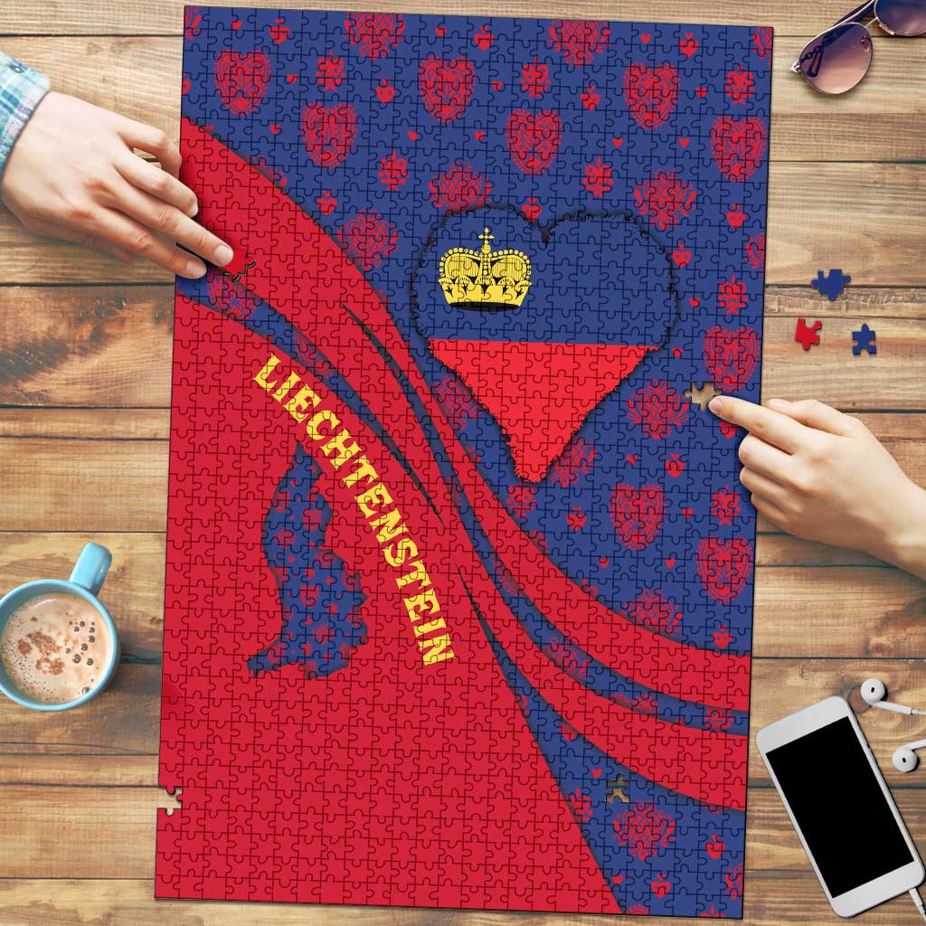 Liechtenstein Puzzle with Red Blue Heart Design and Royal Coat of Arms Pattern - Wonder Print Shop