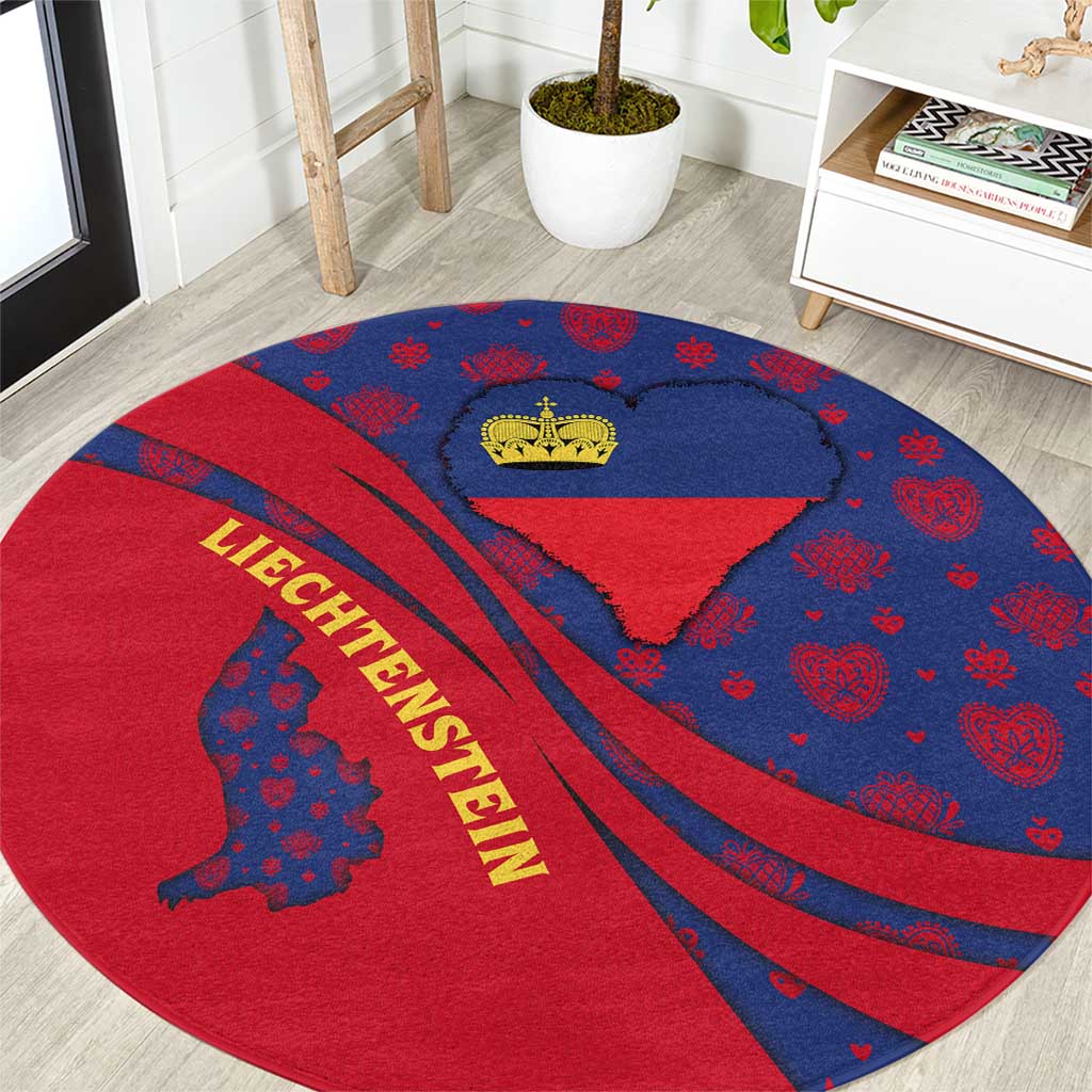 Liechtenstein Round Carpet with Red Blue Heart Design and Royal Coat of Arms Pattern - Wonder Print Shop