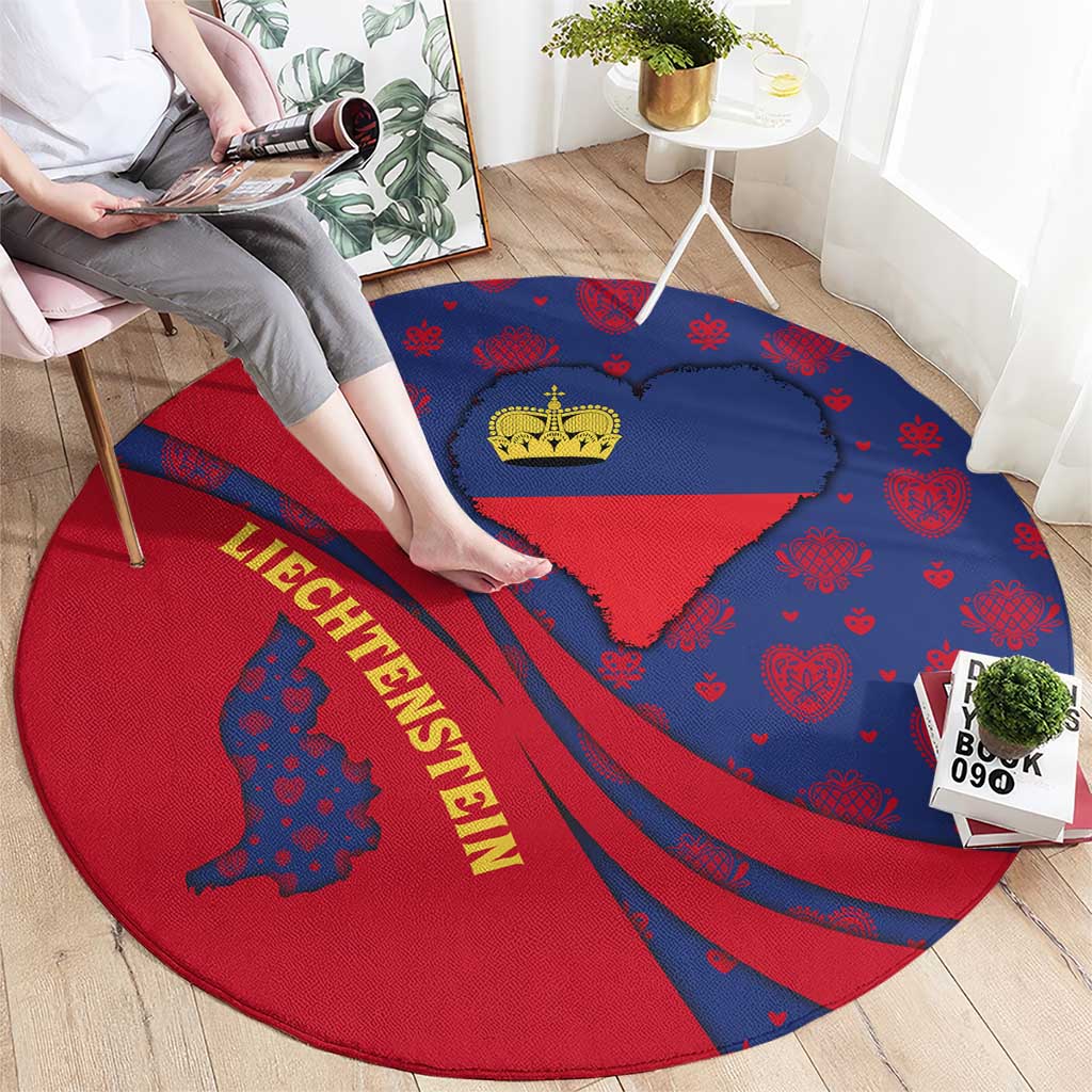 Liechtenstein Round Carpet with Red Blue Heart Design and Royal Coat of Arms Pattern - Wonder Print Shop