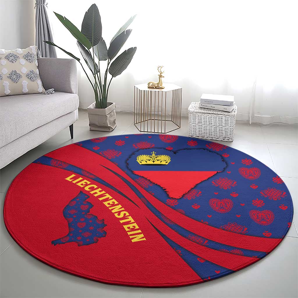 Liechtenstein Round Carpet with Red Blue Heart Design and Royal Coat of Arms Pattern - Wonder Print Shop
