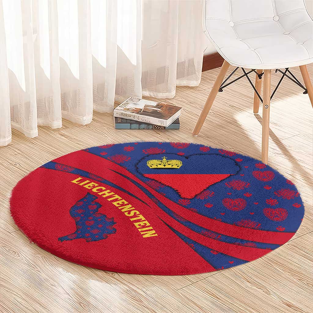 Liechtenstein Round Carpet with Red Blue Heart Design and Royal Coat of Arms Pattern - Wonder Print Shop