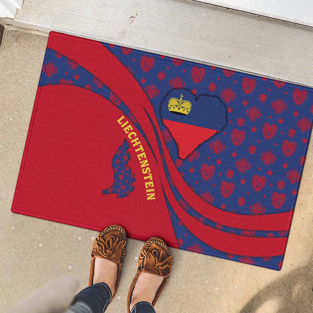 Liechtenstein Rubber Doormat with Red Blue Heart Design and Royal Coat of Arms Pattern - Wonder Print Shop
