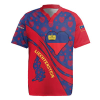 Liechtenstein Rugby Jersey with Red Blue Heart Design and Royal Coat of Arms Pattern - Wonder Print Shop