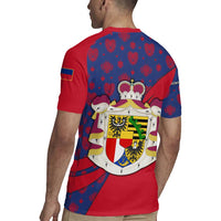 Liechtenstein Rugby Jersey with Red Blue Heart Design and Royal Coat of Arms Pattern - Wonder Print Shop