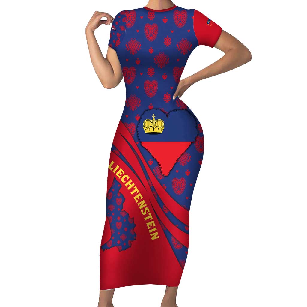 Liechtenstein Short Sleeve Bodycon Dress with Red Blue Heart Design and Royal Coat of Arms Pattern - Wonder Print Shop