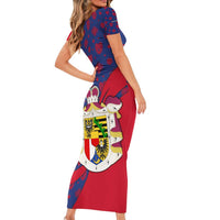 Liechtenstein Short Sleeve Bodycon Dress with Red Blue Heart Design and Royal Coat of Arms Pattern - Wonder Print Shop