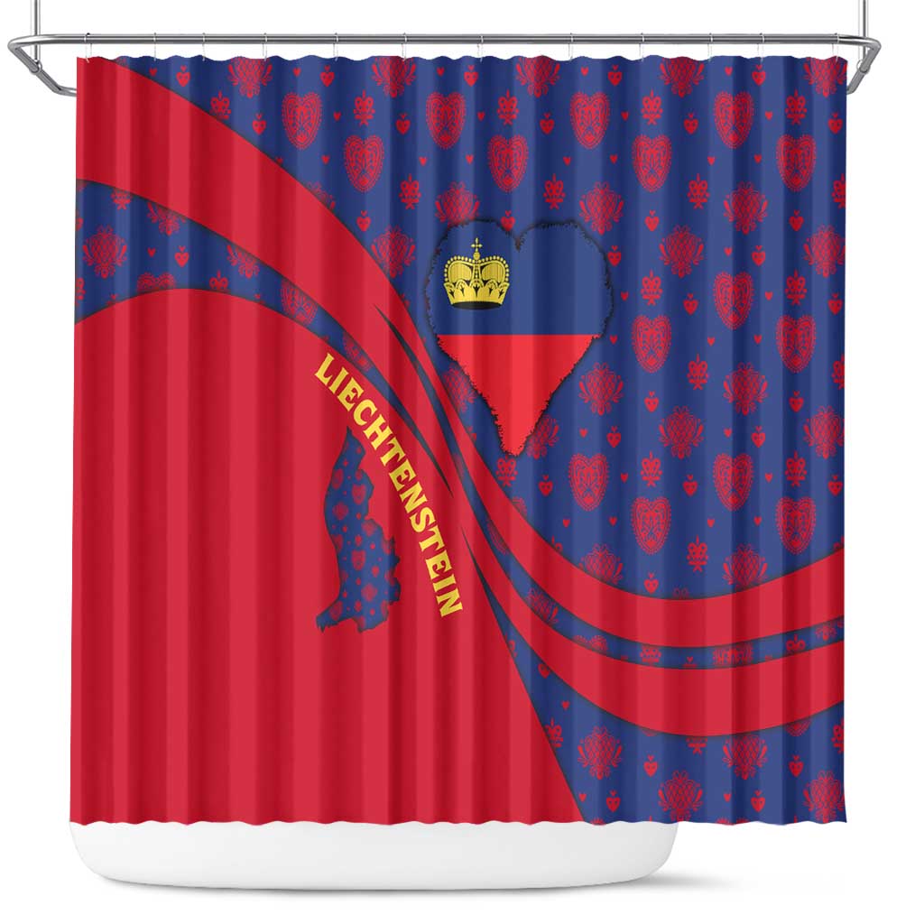 Liechtenstein Shower Curtain with Red Blue Heart Design and Royal Coat of Arms Pattern - Wonder Print Shop