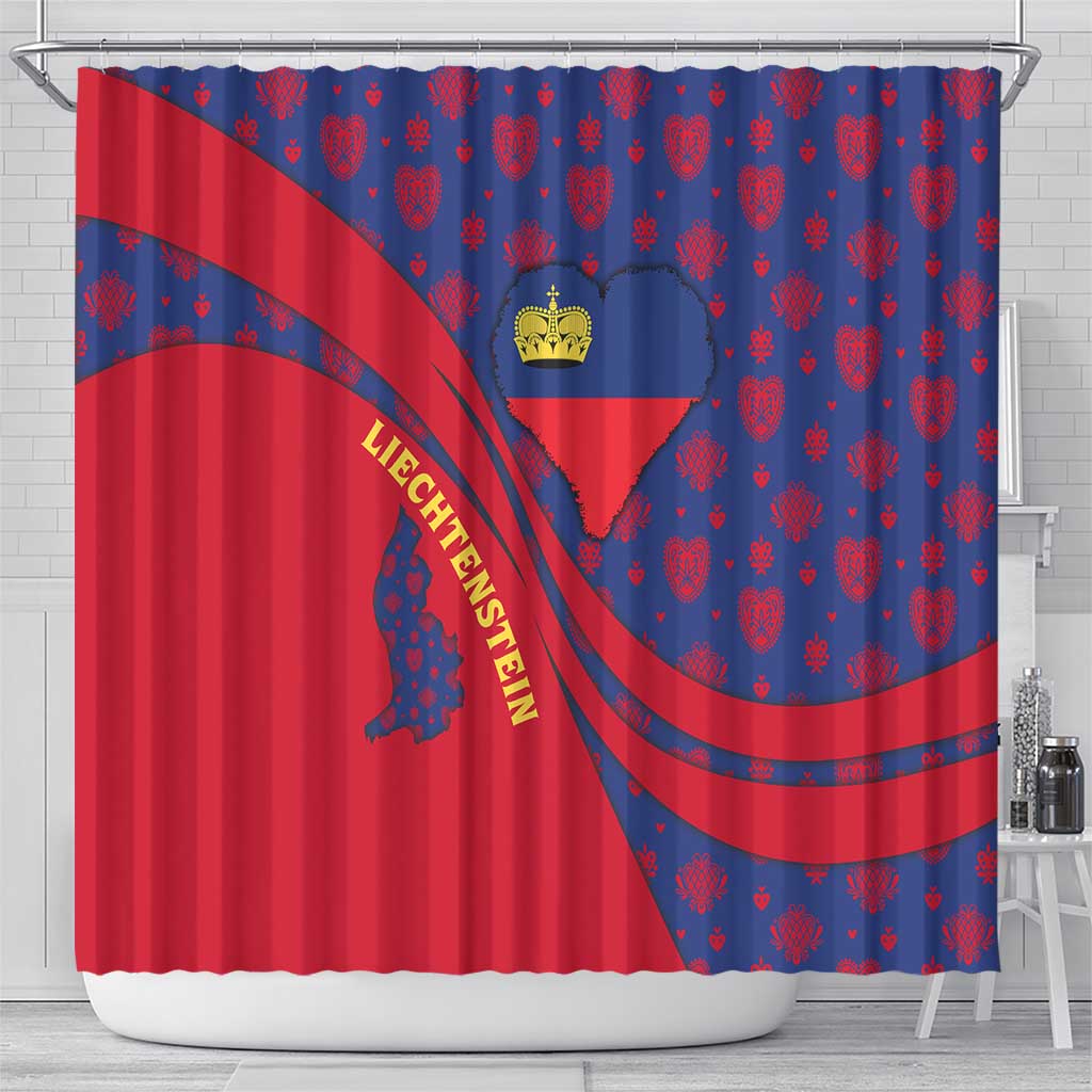 Liechtenstein Shower Curtain with Red Blue Heart Design and Royal Coat of Arms Pattern - Wonder Print Shop