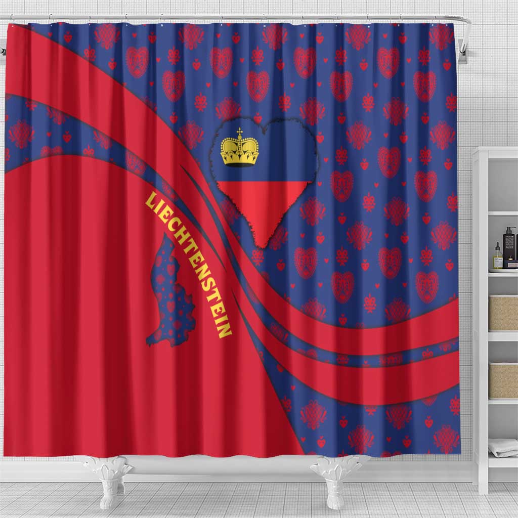 Liechtenstein Shower Curtain with Red Blue Heart Design and Royal Coat of Arms Pattern - Wonder Print Shop