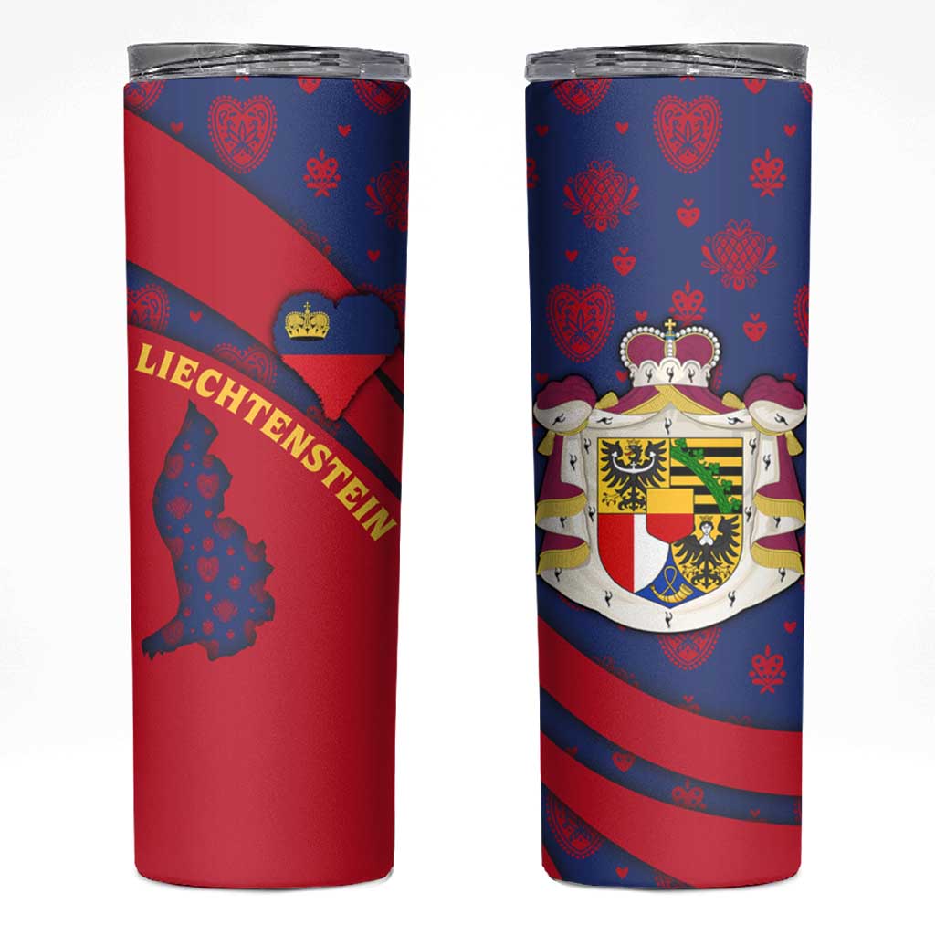 Liechtenstein Skinny Tumbler with Red Blue Heart Design and Royal Coat of Arms Pattern - Wonder Print Shop