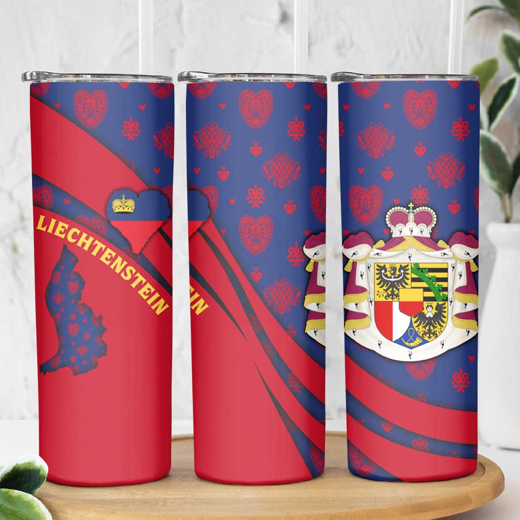 Liechtenstein Skinny Tumbler with Red Blue Heart Design and Royal Coat of Arms Pattern - Wonder Print Shop