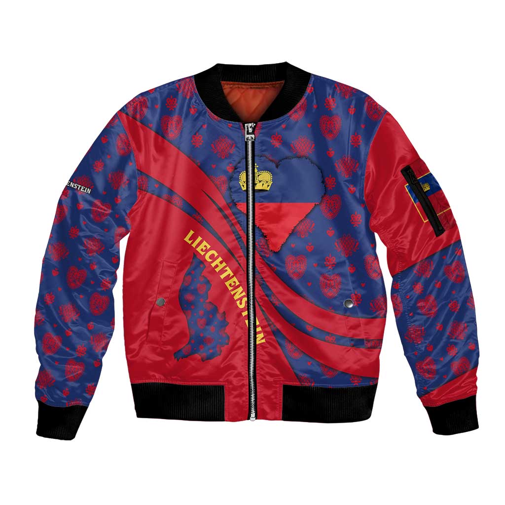 Liechtenstein Sleeve Zip Bomber Jacket with Red Blue Heart Design and Royal Coat of Arms Pattern - Wonder Print Shop