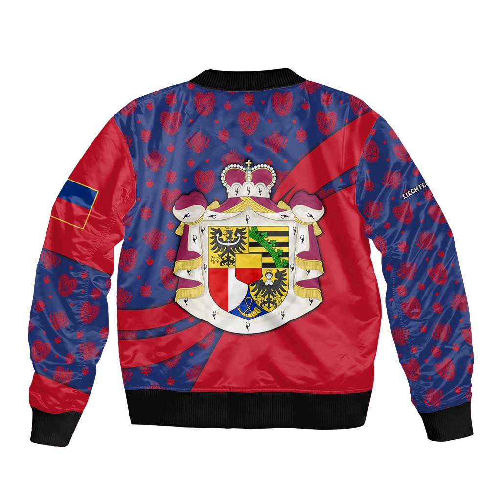 Liechtenstein Sleeve Zip Bomber Jacket with Red Blue Heart Design and Royal Coat of Arms Pattern - Wonder Print Shop
