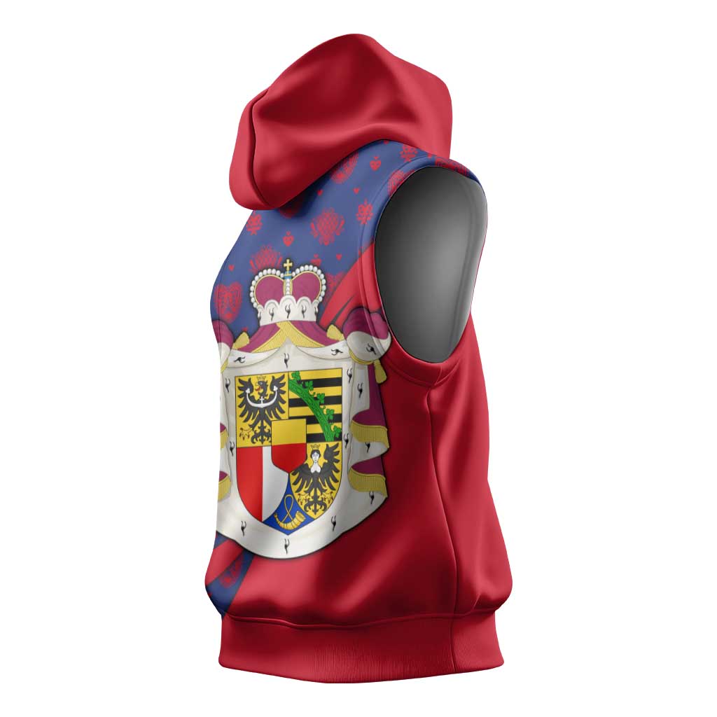 Liechtenstein Sleeveless Hoodie with Red Blue Heart Design and Royal Coat of Arms Pattern - Wonder Print Shop