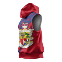 Liechtenstein Sleeveless Hoodie with Red Blue Heart Design and Royal Coat of Arms Pattern - Wonder Print Shop