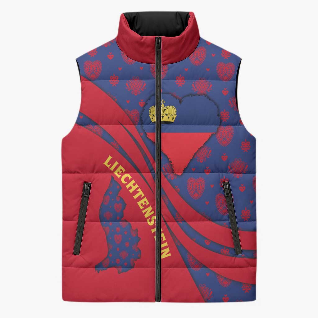 Liechtenstein Sleeveless Puffer Jacket with Red Blue Heart Design and Royal Coat of Arms Pattern - Wonder Print Shop