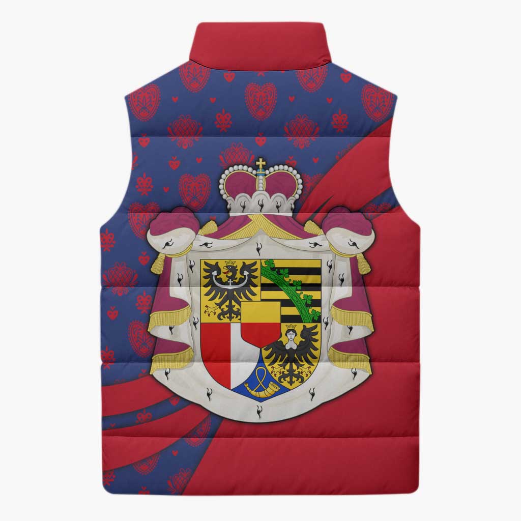 Liechtenstein Sleeveless Puffer Jacket with Red Blue Heart Design and Royal Coat of Arms Pattern - Wonder Print Shop