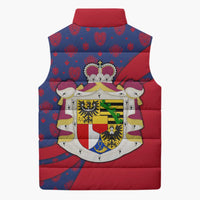 Liechtenstein Sleeveless Puffer Jacket with Red Blue Heart Design and Royal Coat of Arms Pattern - Wonder Print Shop