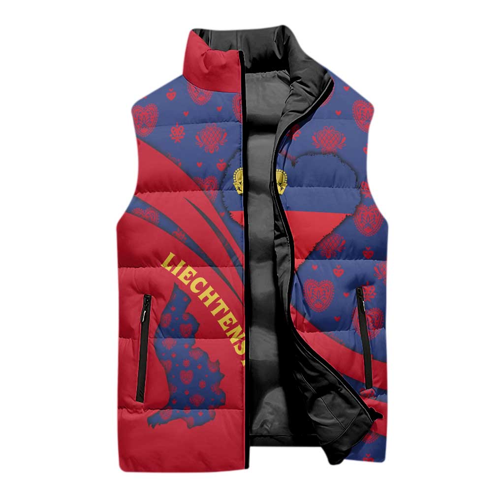 Liechtenstein Sleeveless Puffer Jacket with Red Blue Heart Design and Royal Coat of Arms Pattern - Wonder Print Shop