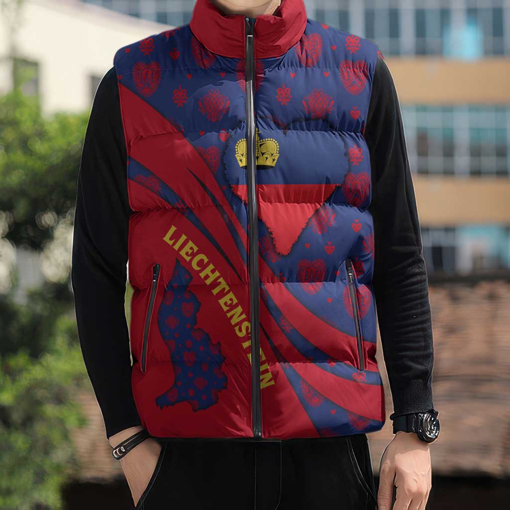 Liechtenstein Sleeveless Puffer Jacket with Red Blue Heart Design and Royal Coat of Arms Pattern - Wonder Print Shop