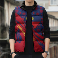 Liechtenstein Sleeveless Puffer Jacket with Red Blue Heart Design and Royal Coat of Arms Pattern - Wonder Print Shop