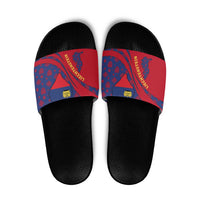 Liechtenstein Slide Sandals with Red Blue Heart Design and Royal Coat of Arms Pattern - Wonder Print Shop