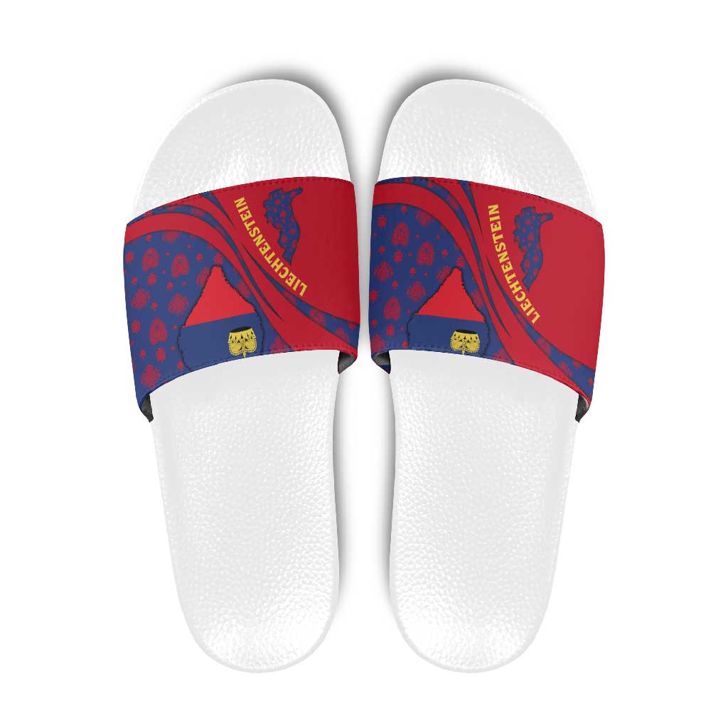 Liechtenstein Slide Sandals with Red Blue Heart Design and Royal Coat of Arms Pattern - Wonder Print Shop