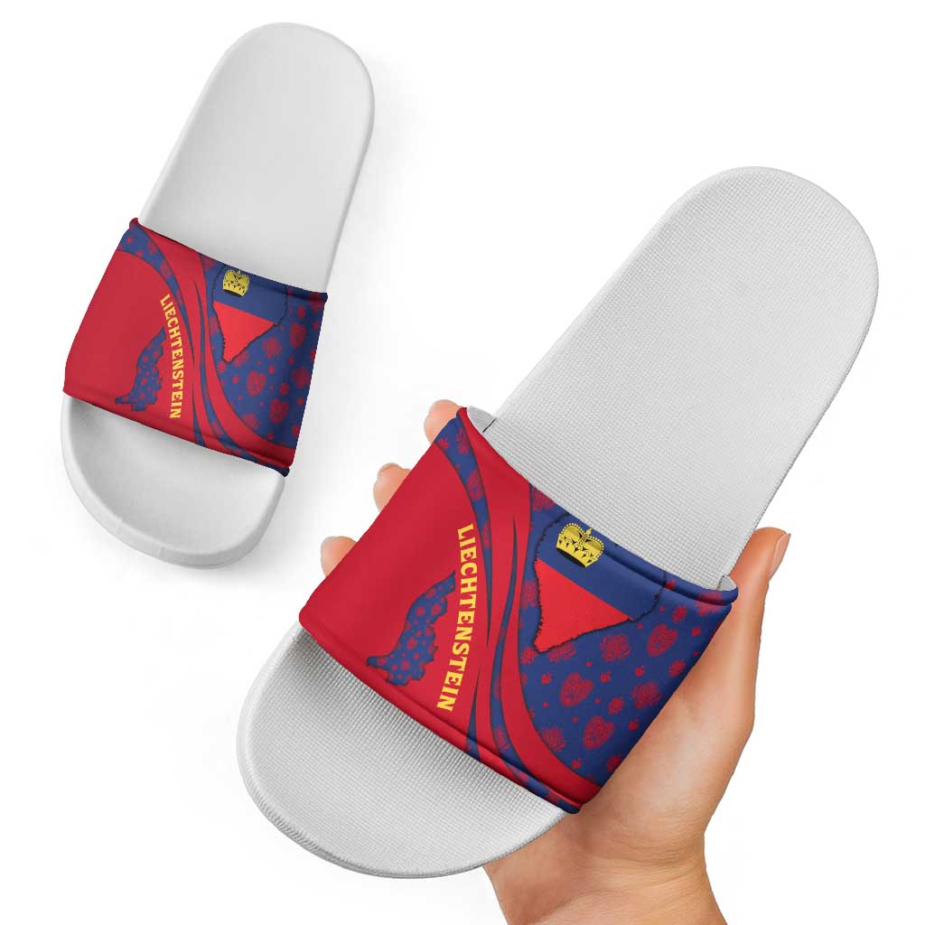 Liechtenstein Slide Sandals with Red Blue Heart Design and Royal Coat of Arms Pattern - Wonder Print Shop